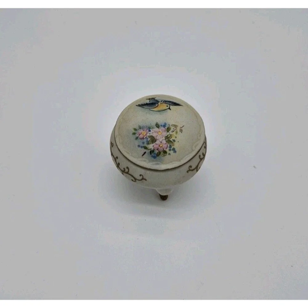 Rare Vintage Small Japanese Porcelain Vase With Feet Hand Painted Bird Design